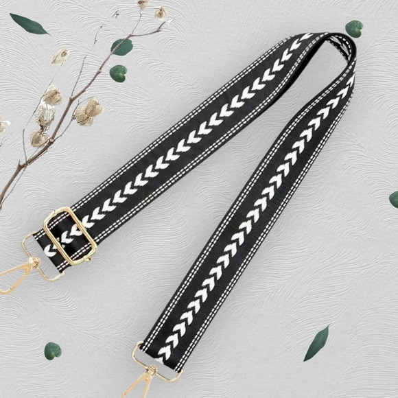 Boho‎ Chevron Black White Adjustable Bag Strap With Gold Hardware - Picture 11 of 13